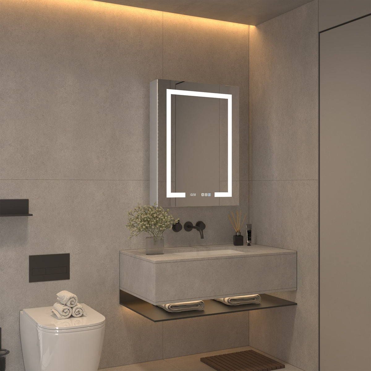 ExBrite 24-in x 32-in Lighted LED Fog Free Surface/Recessed Mount Silver Mirrored Soft Close Medicine Cabinet with Outlet