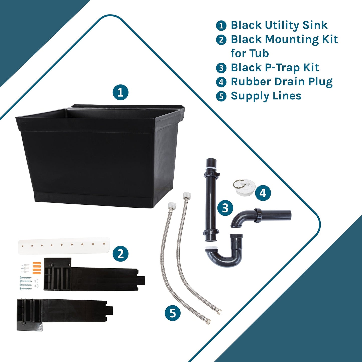 Cambridge 23.5" Black Wall Mount Utility Tub with Drain