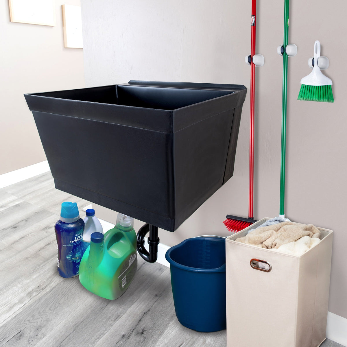 Cambridge Resources Black Wall Mount Utility Tub with Drain, 23.5-in x 22.875-in