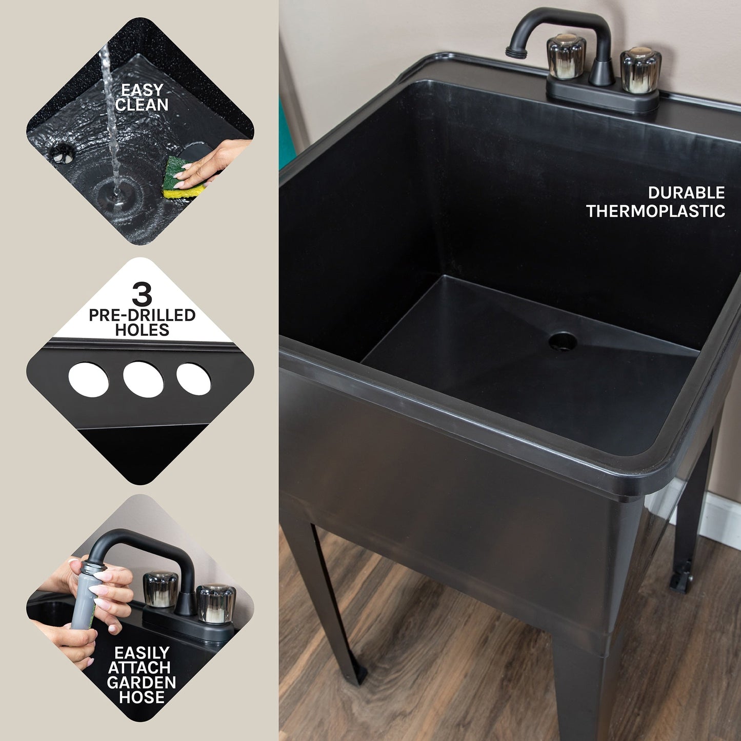 Cambridge Resources 1-Basin Black Freestanding Utility Tub with Drain and Faucet