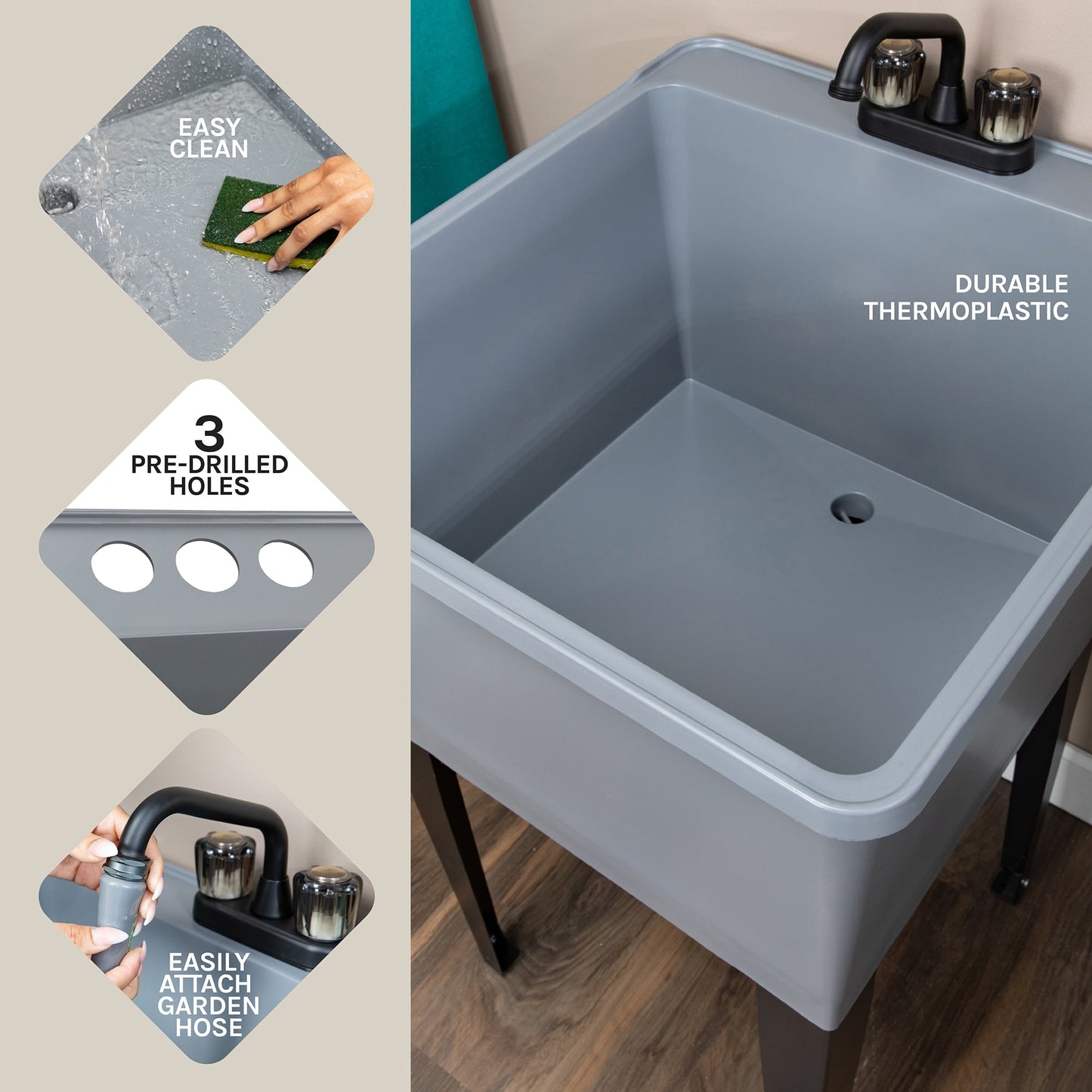 Cambridge Resources 22.88-in Gray Utility Tub with Drain and Faucet