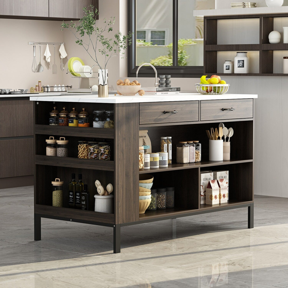 FUFU&GAGA Brown Mdf Base with Mdf Top Kitchen Island (30-in x 55.1-in x 36-in)