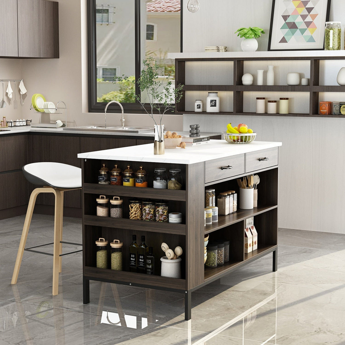 FUFU&GAGA Brown Mdf Base with Mdf Top Kitchen Island (30-in x 55.1-in x 36-in)