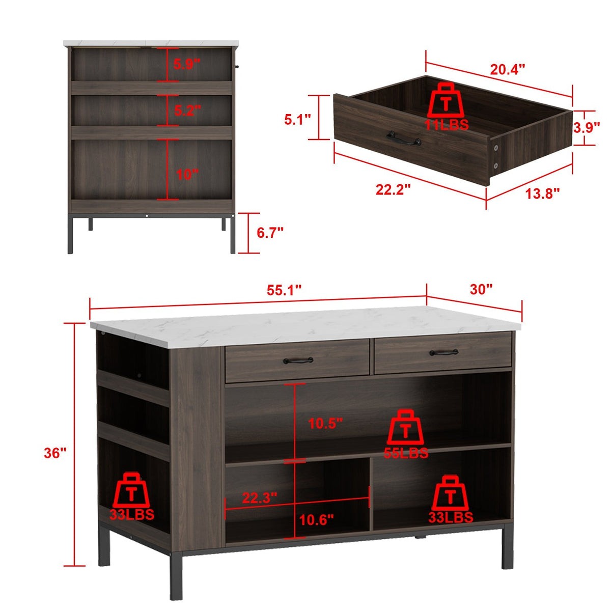 FUFU&GAGA Brown Mdf Base with Mdf Top Kitchen Island (30-in x 55.1-in x 36-in)