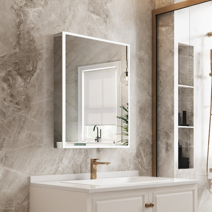 WELLFOR ELIN 24-in x 30-in Lighted LED Fog Free Surface/Recessed Mount Silver Mirrored Soft Close Medicine Cabinet with Outlet