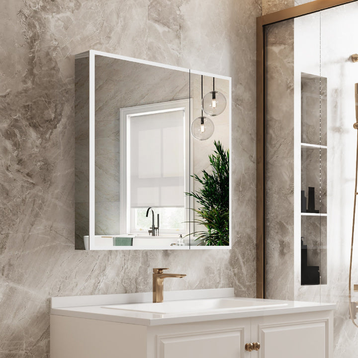 WELLFOR ELIN 30-in x 30-in Lighted LED Fog Free Surface/Recessed Mount Silver Mirrored Soft Close Medicine Cabinet with Outlet