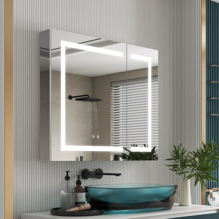 WELLFOR NIKA 36-in x 30-in Lighted LED Fog Free Surface/Recessed Mount Silver Mirrored Soft Close Medicine Cabinet with Outlet