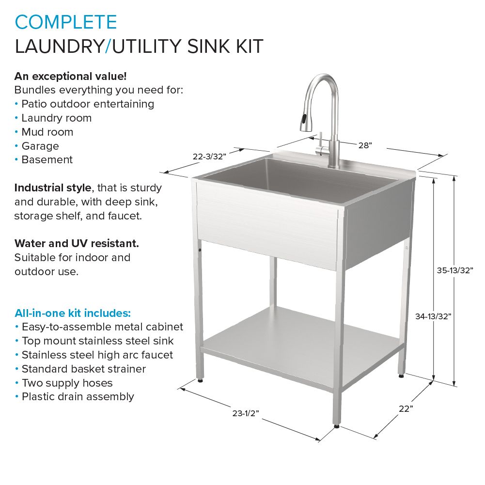 Transolid Brushed Satin Freestanding Laundry Sink with Dual-Spray Faucet