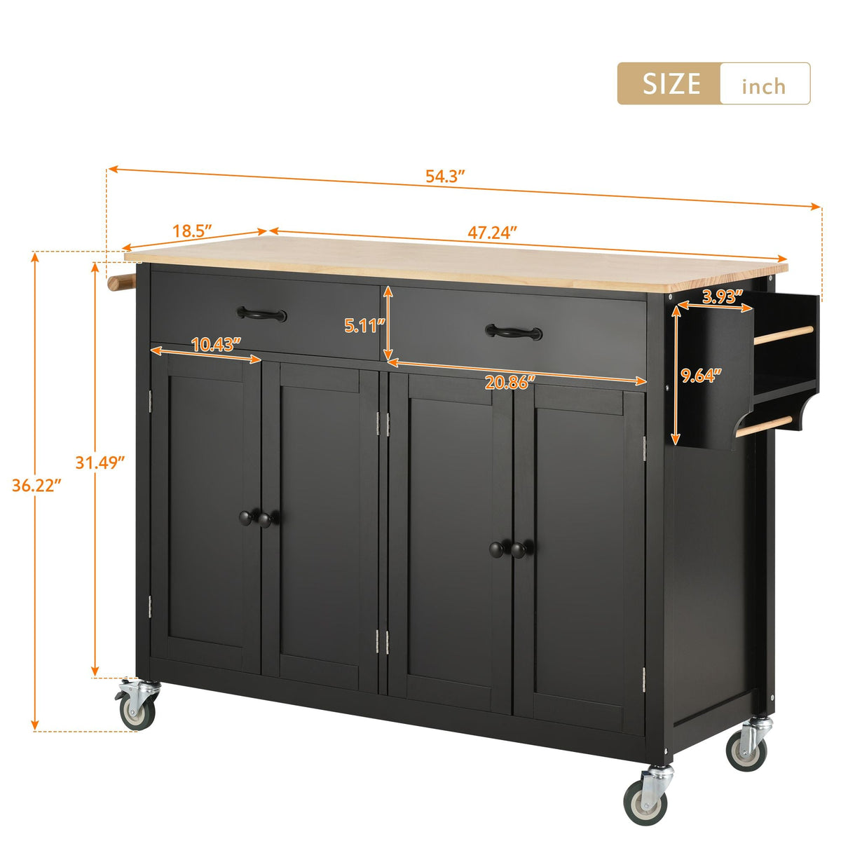 Nestfair Black Wood Base with Mdf Wood Top Rolling Kitchen Island (18.5-in x 54.33-in x 36.22-in)