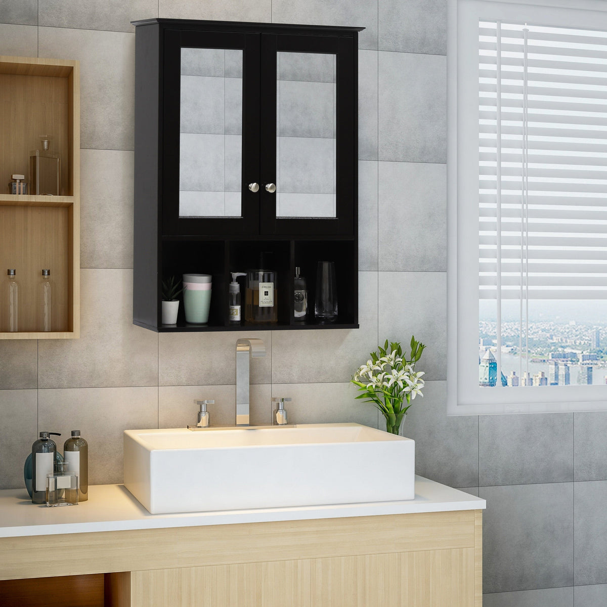 VEIKOUS 24.8-in x 30.3-in Surface Mount Brown Mirrored Medicine Cabinet