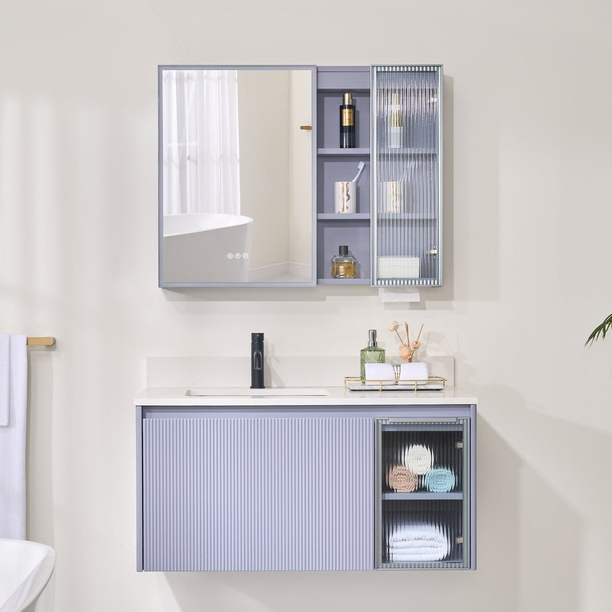 WELLFOR FLORA Solid Wood 36-in x 28-in Lighted LED Surface Mount Gray Mirrored Soft Close Medicine Cabinet