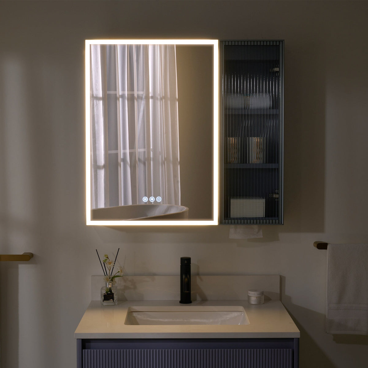 WELLFOR FLORA Solid Wood 30-in x 28-in Lighted LED Surface Mount Lavender Mirrored Soft Close Medicine Cabinet