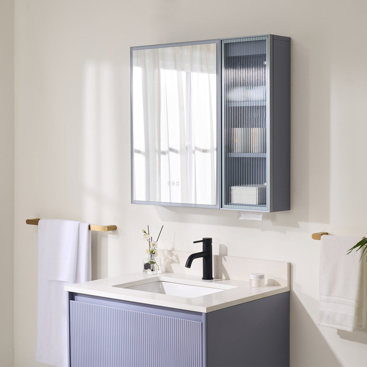 WELLFOR FLORA Solid Wood 30-in x 28-in Lighted LED Surface Mount Lavender Mirrored Soft Close Medicine Cabinet