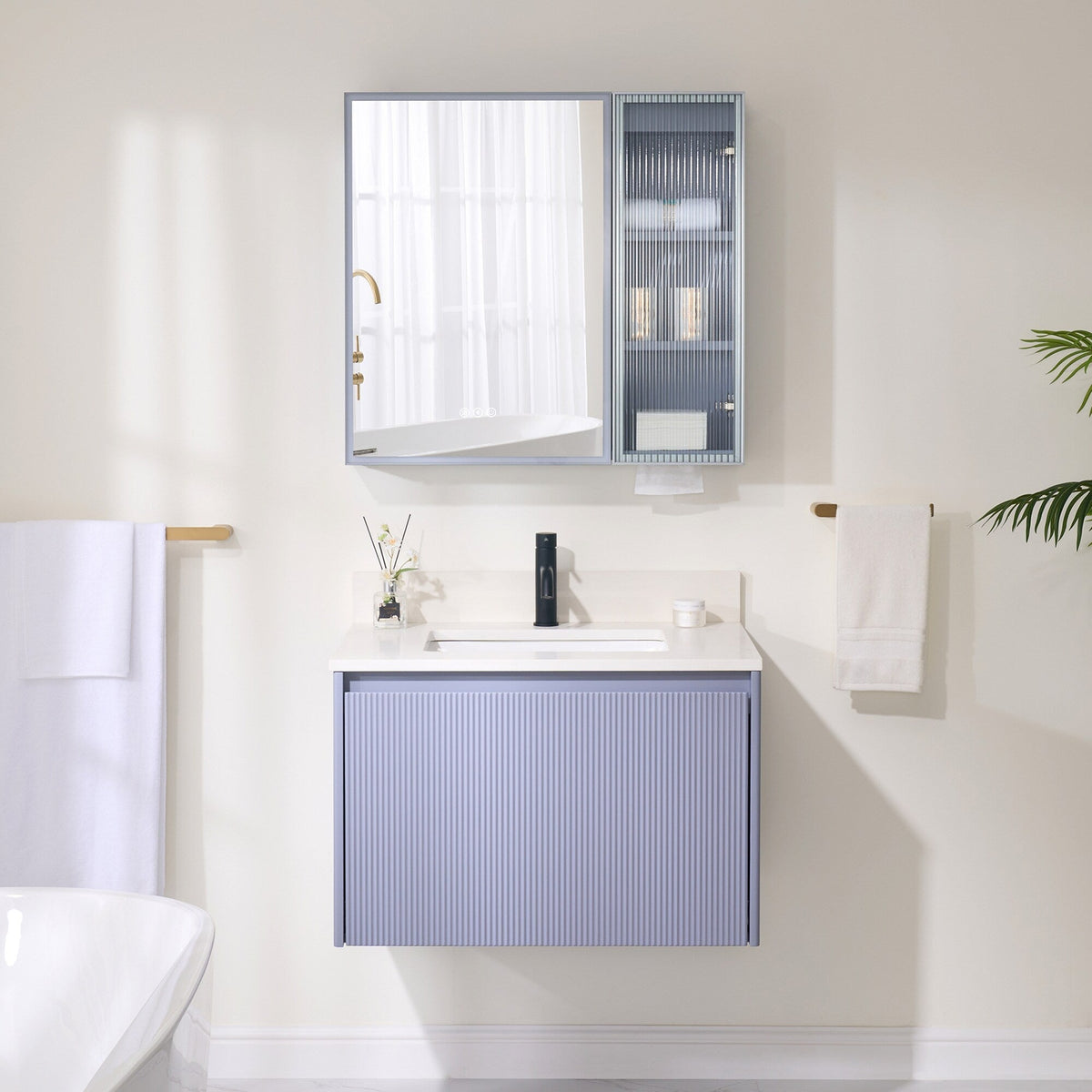 WELLFOR FLORA Solid Wood 30-in x 28-in Lighted LED Surface Mount Gray Mirrored Soft Close Medicine Cabinet