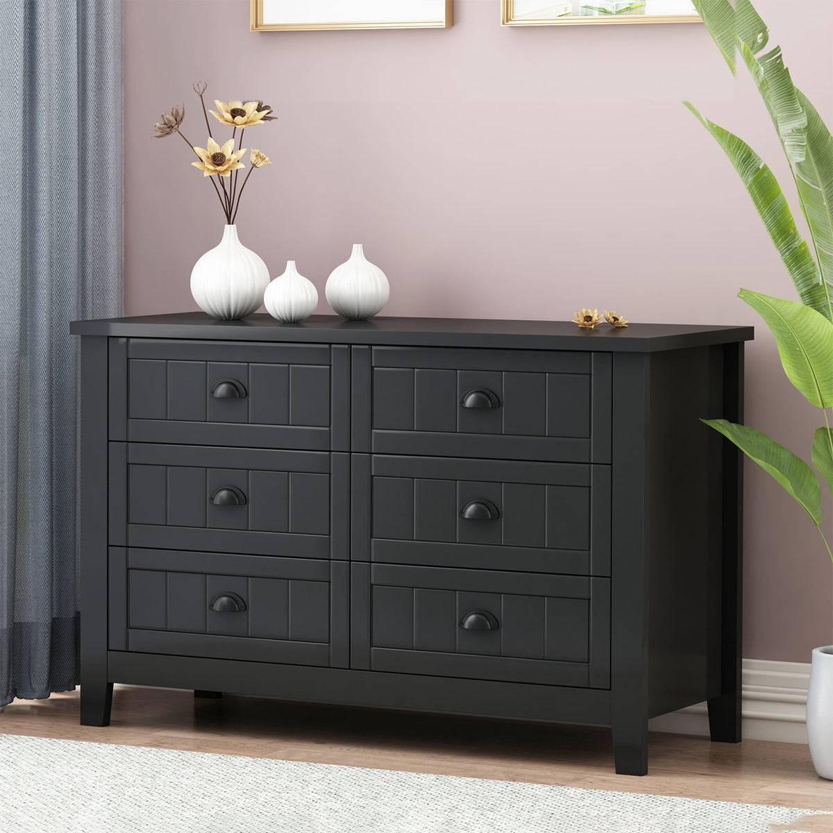 WELLFOR Traditional Black Wood Cabinet with 6 Doors and 6 Shelves, Retro Shell-shaped Handle