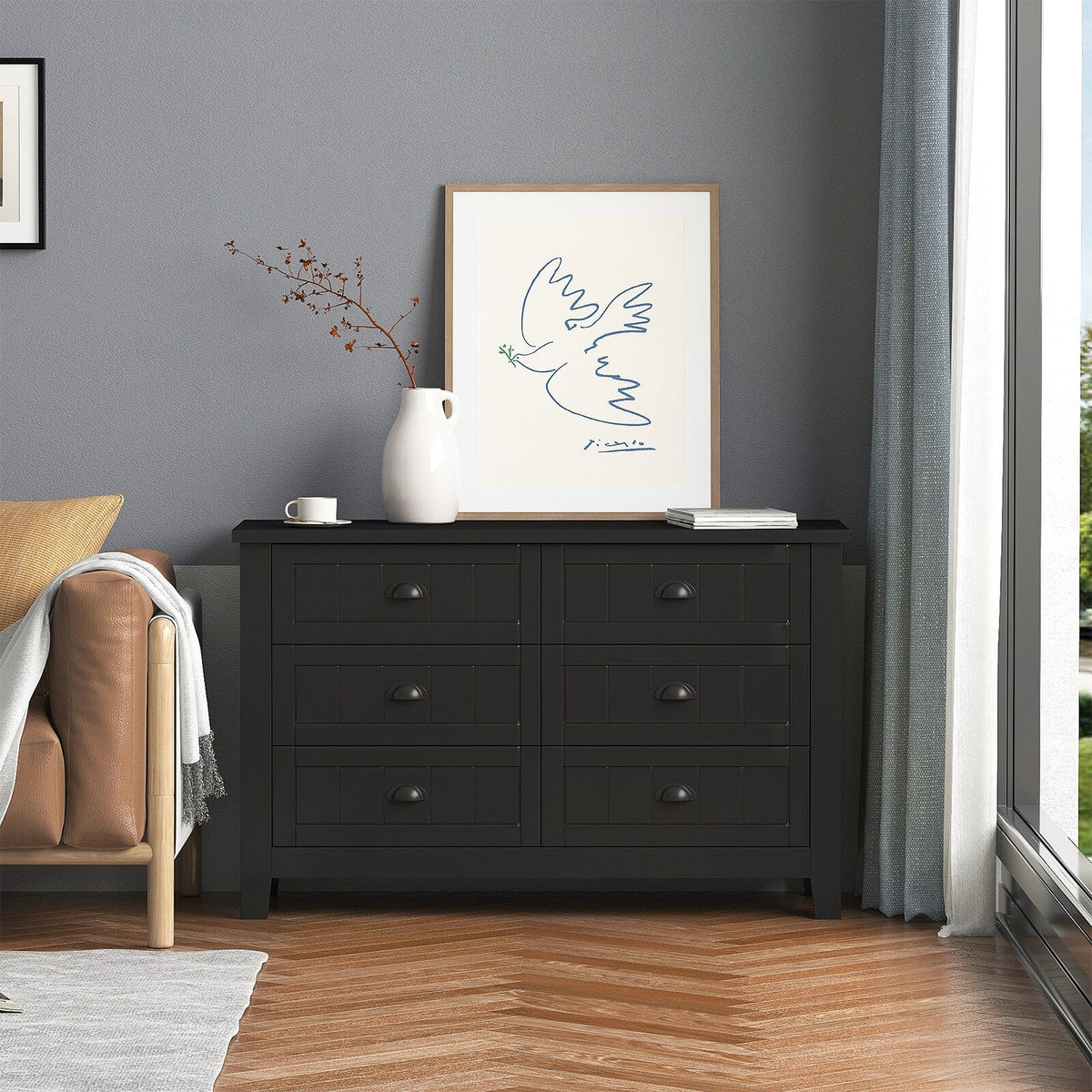 WELLFOR Traditional Black Wood Cabinet with 6 Doors and 6 Shelves, Retro Shell-shaped Handle