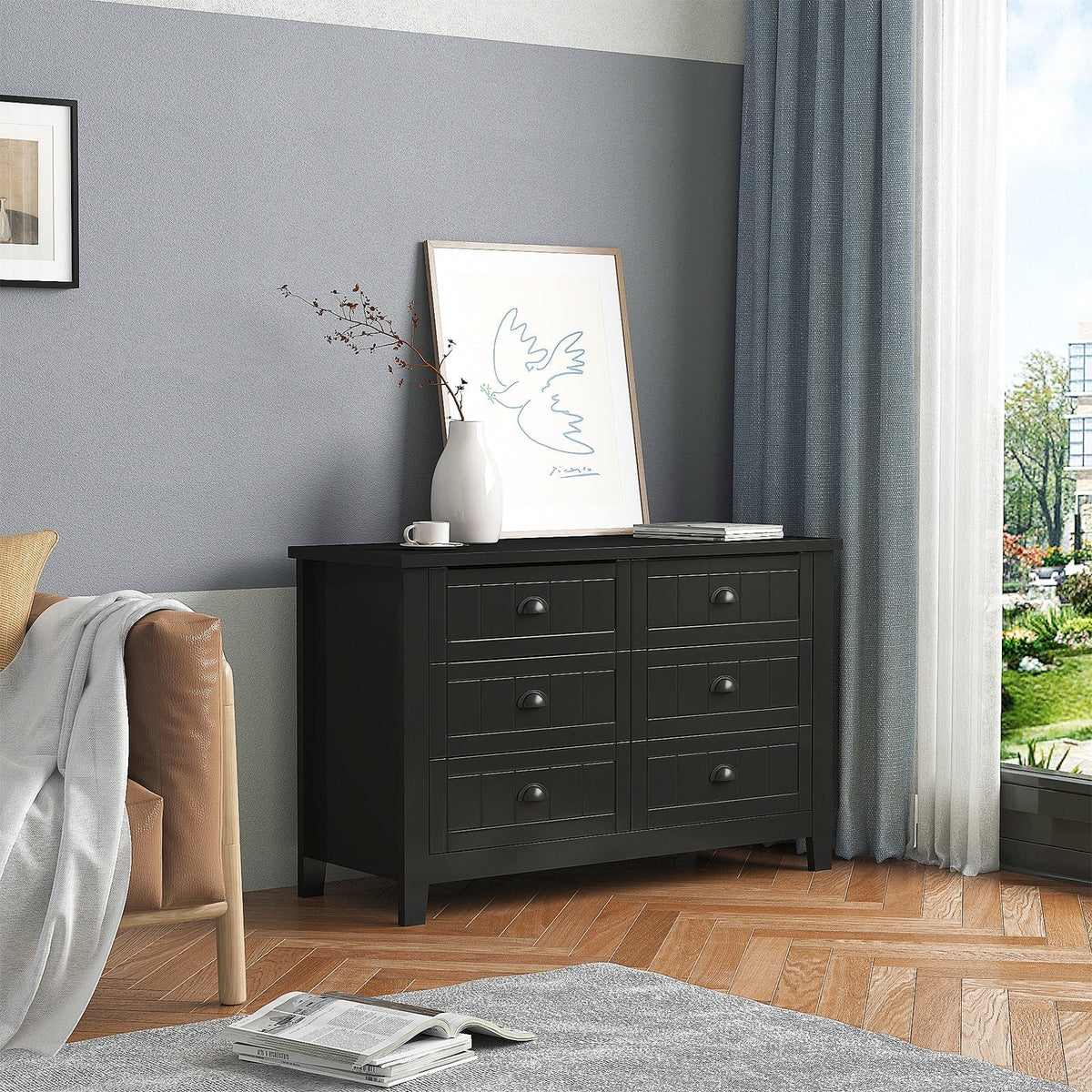 WELLFOR Traditional Black Wood Cabinet with 6 Doors and 6 Shelves, Retro Shell-shaped Handle