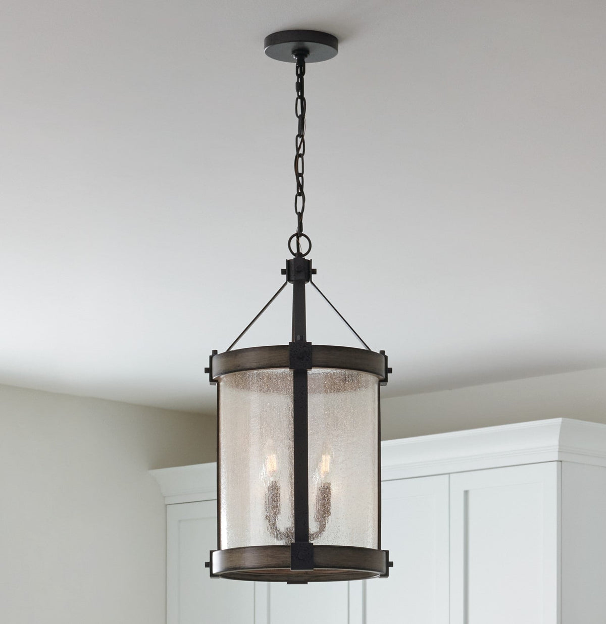 Kichler Barrington 4-Light Distressed Black and Wood Tone Rustic Seeded Glass Cylinder Medium Hanging Pendant Light