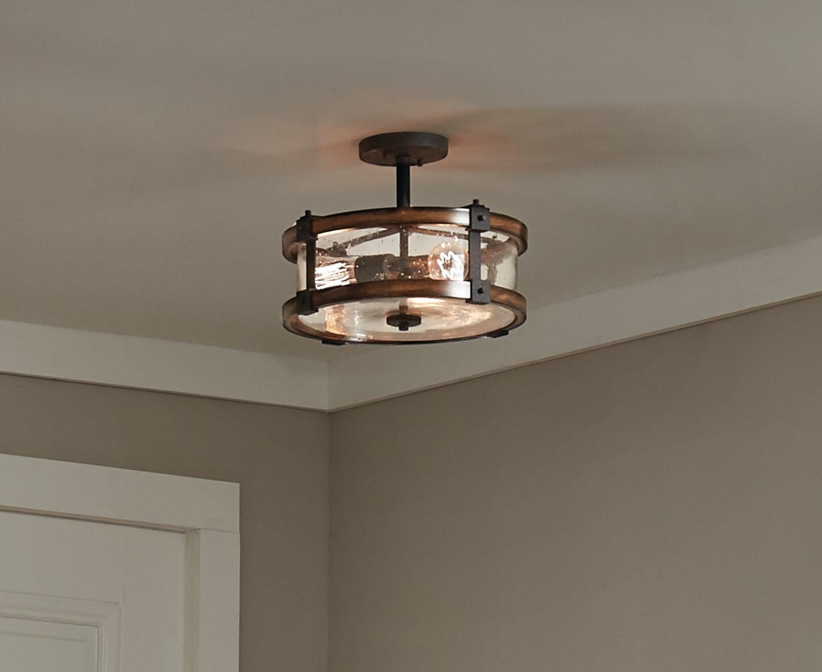 Kichler Barrington 14.75-in Distressed Black and Wood Tone Rustic Semi-Flush Mount Light, 3-Light