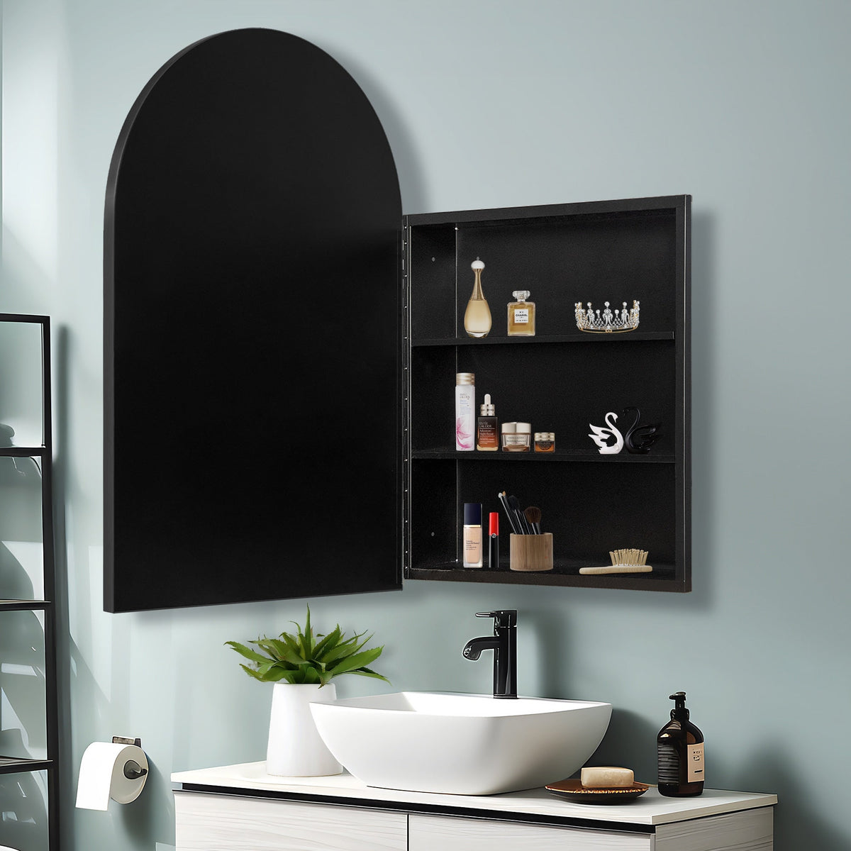24-in x 36-in Surface/Recessed Mount White Mirrored Arched Medicine Cabinet
