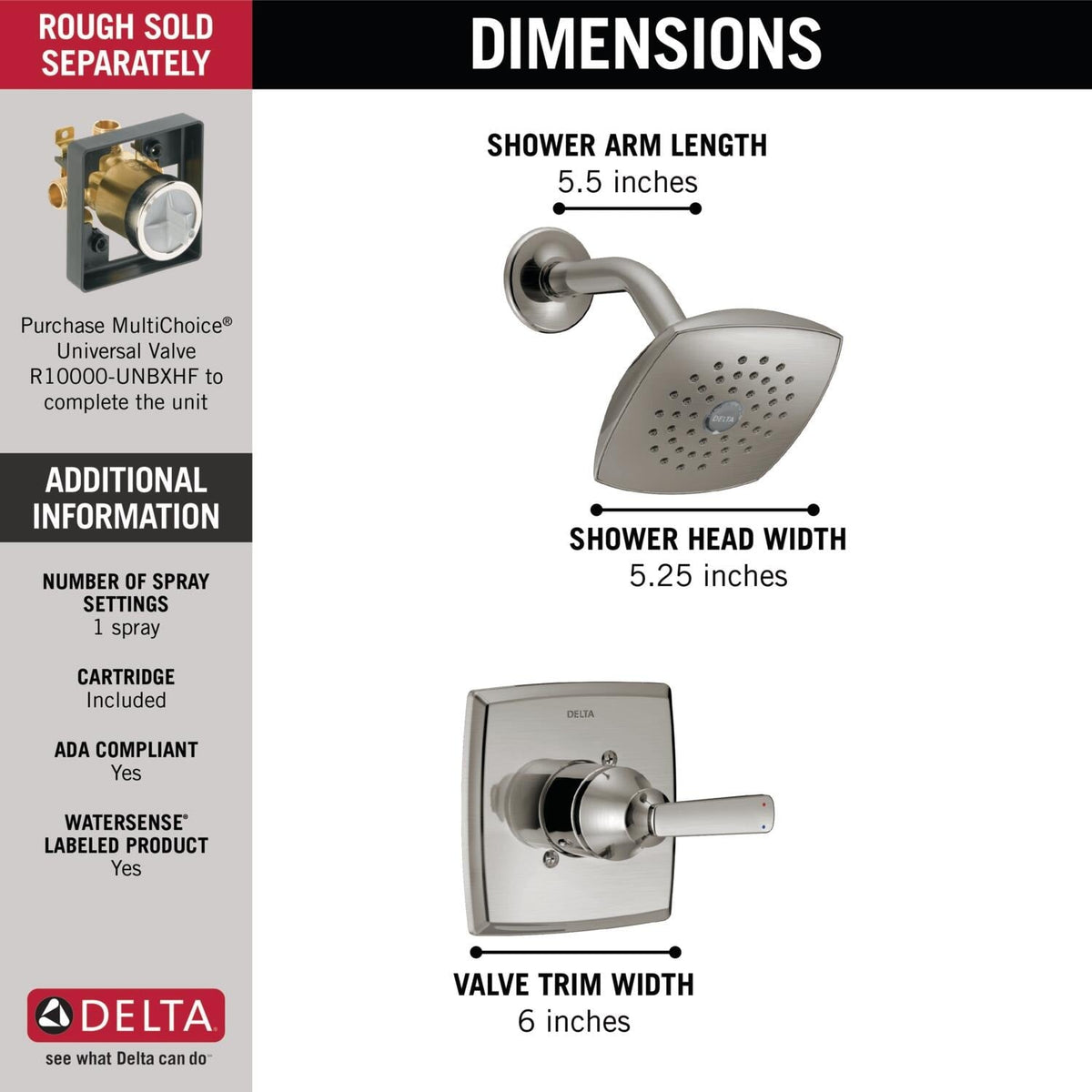 Delta Ashlyn Stainless 1-Handle Single-Function Shower Faucet Trim Kit, 5.25-in Square Head