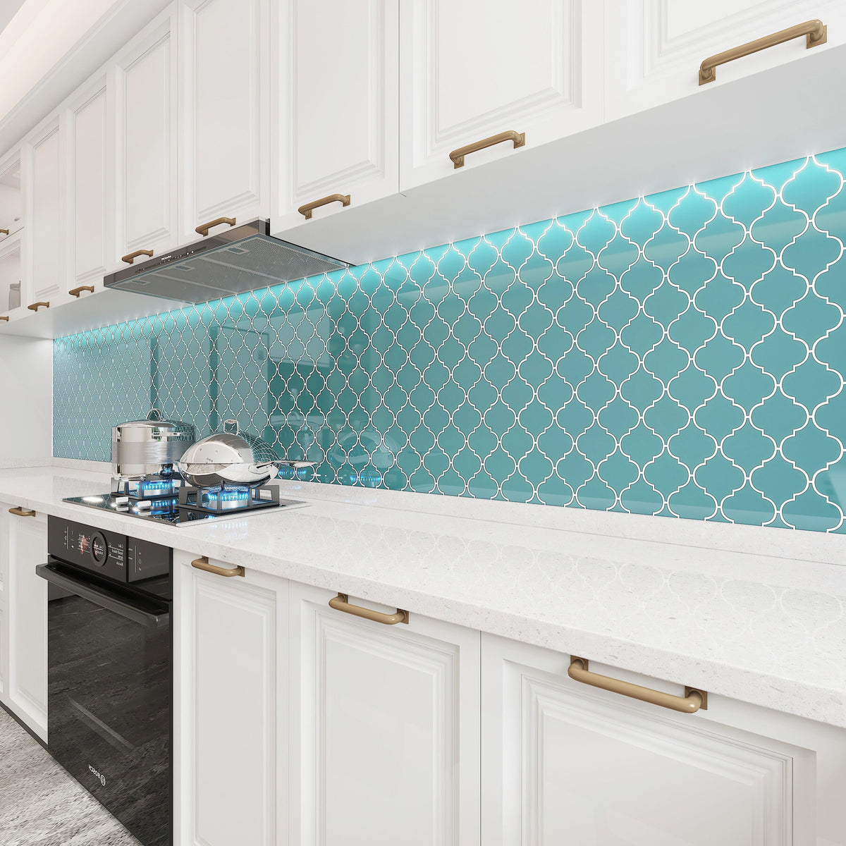 Giorbello (Sample) Glass Arabesque Tiles Teal 4-1/2-in x 4-1/2-in Glossy Glass Lantern Subway Wall Tile