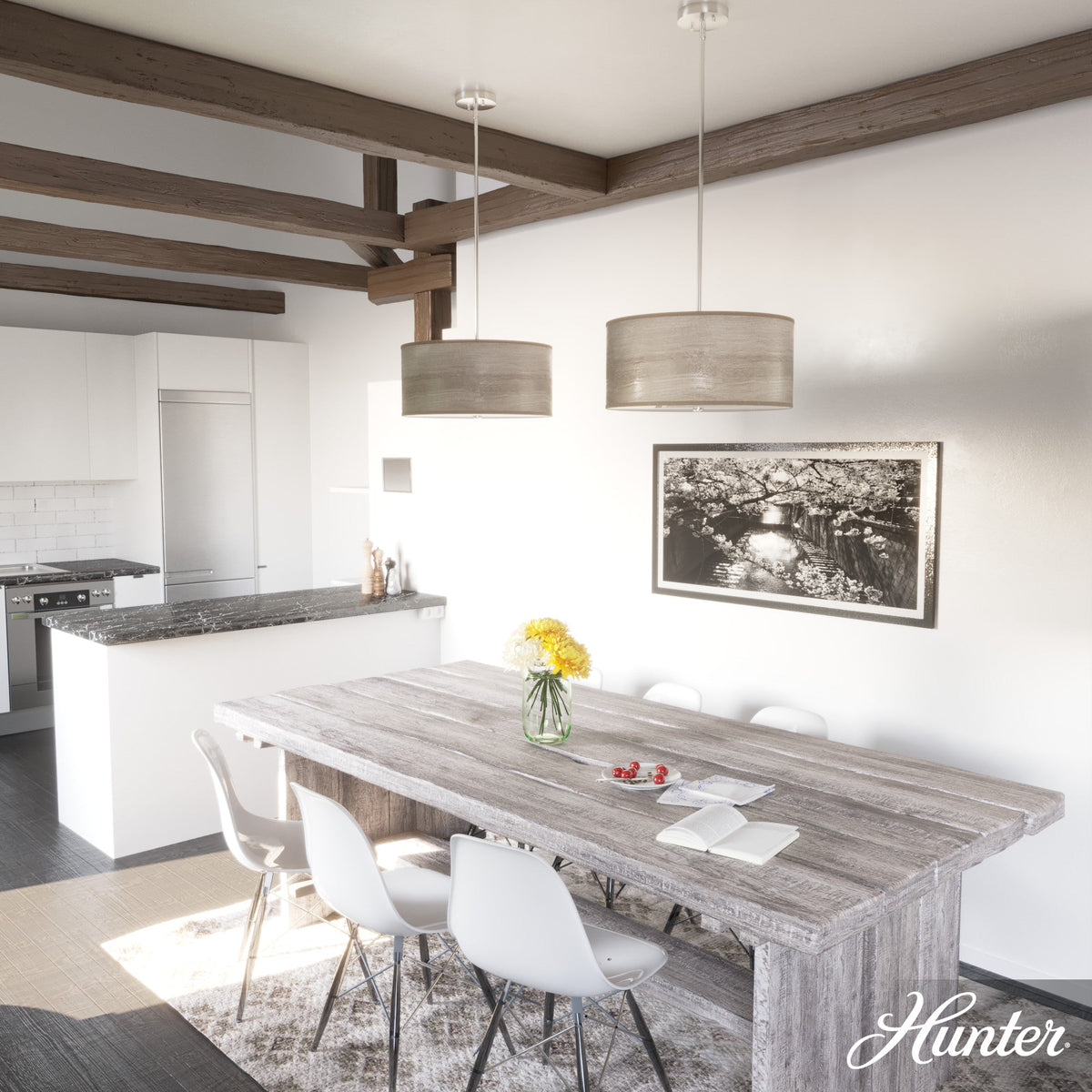 Hunter Solhaven 3-Light Gray Oak Modern/Contemporary Frosted Glass Drum LED Medium Hanging Kitchen Island Light