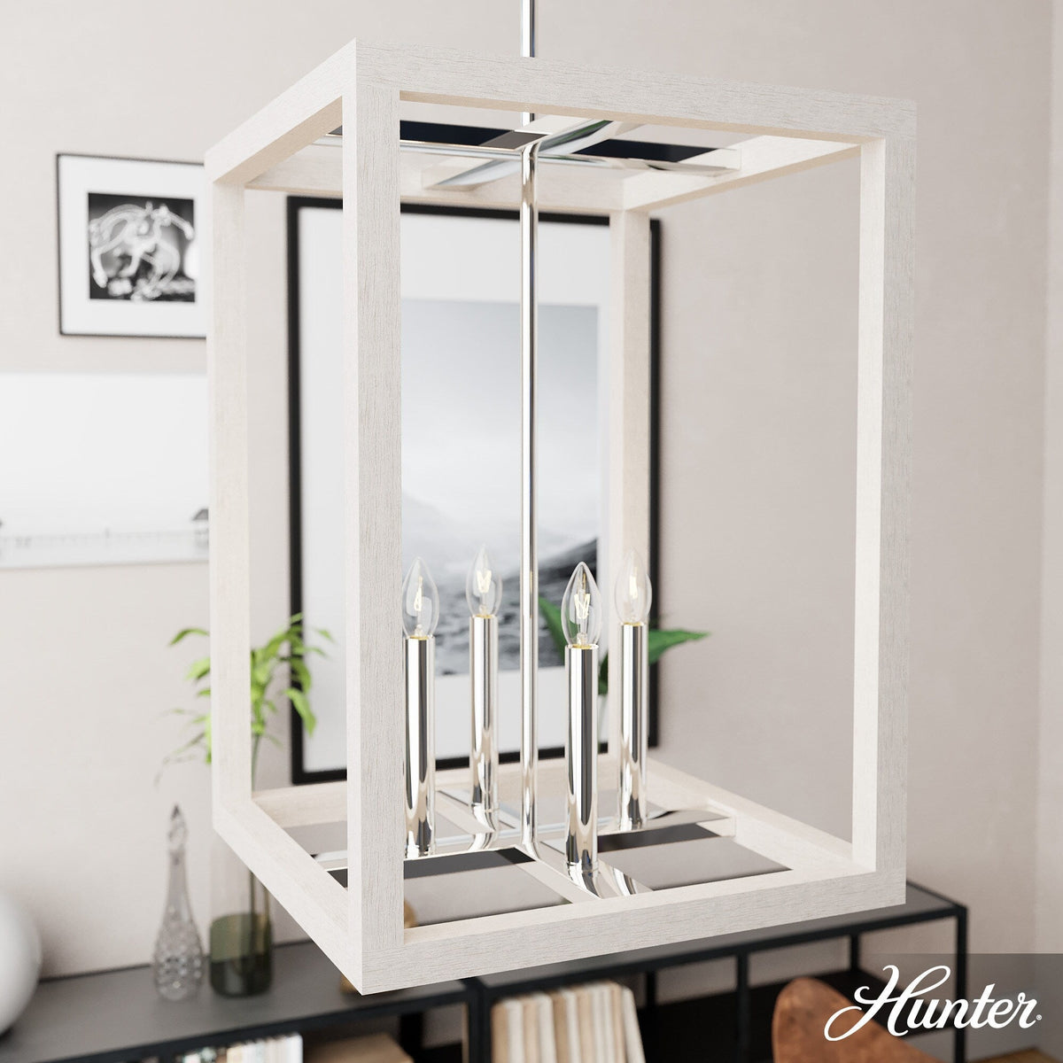 Hunter Squire Manor 4-Light Chrome Modern/Contemporary Square LED Medium Hanging Kitchen Island Light