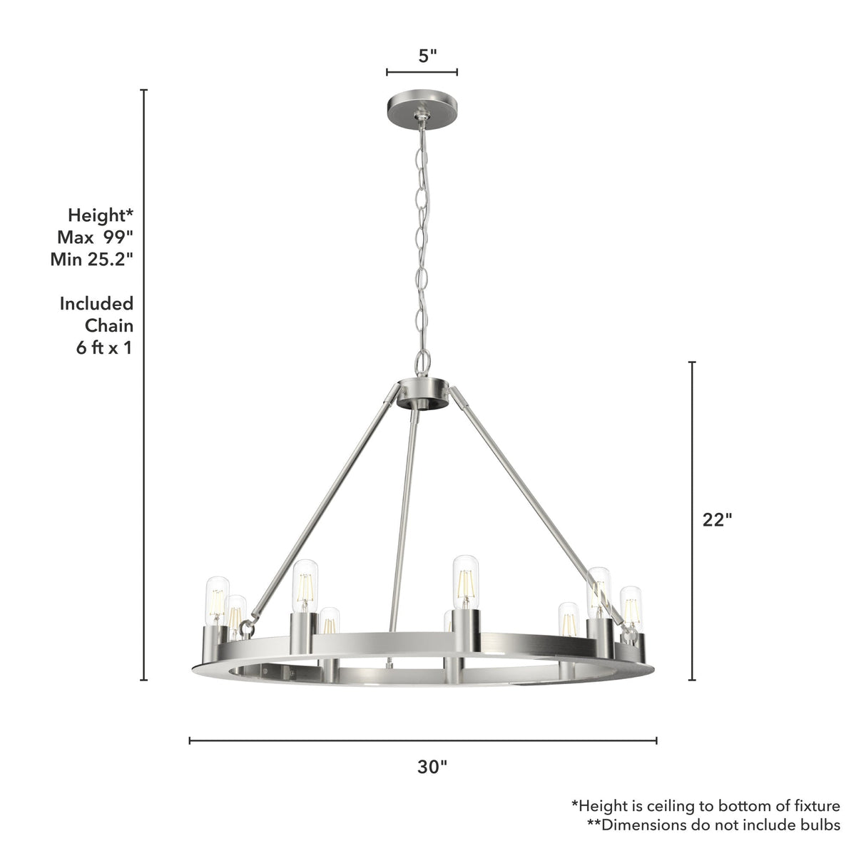 Hunter Saddlewood 9-Light Brushed Nickel Transitional Led Bare Bulb Chandelier