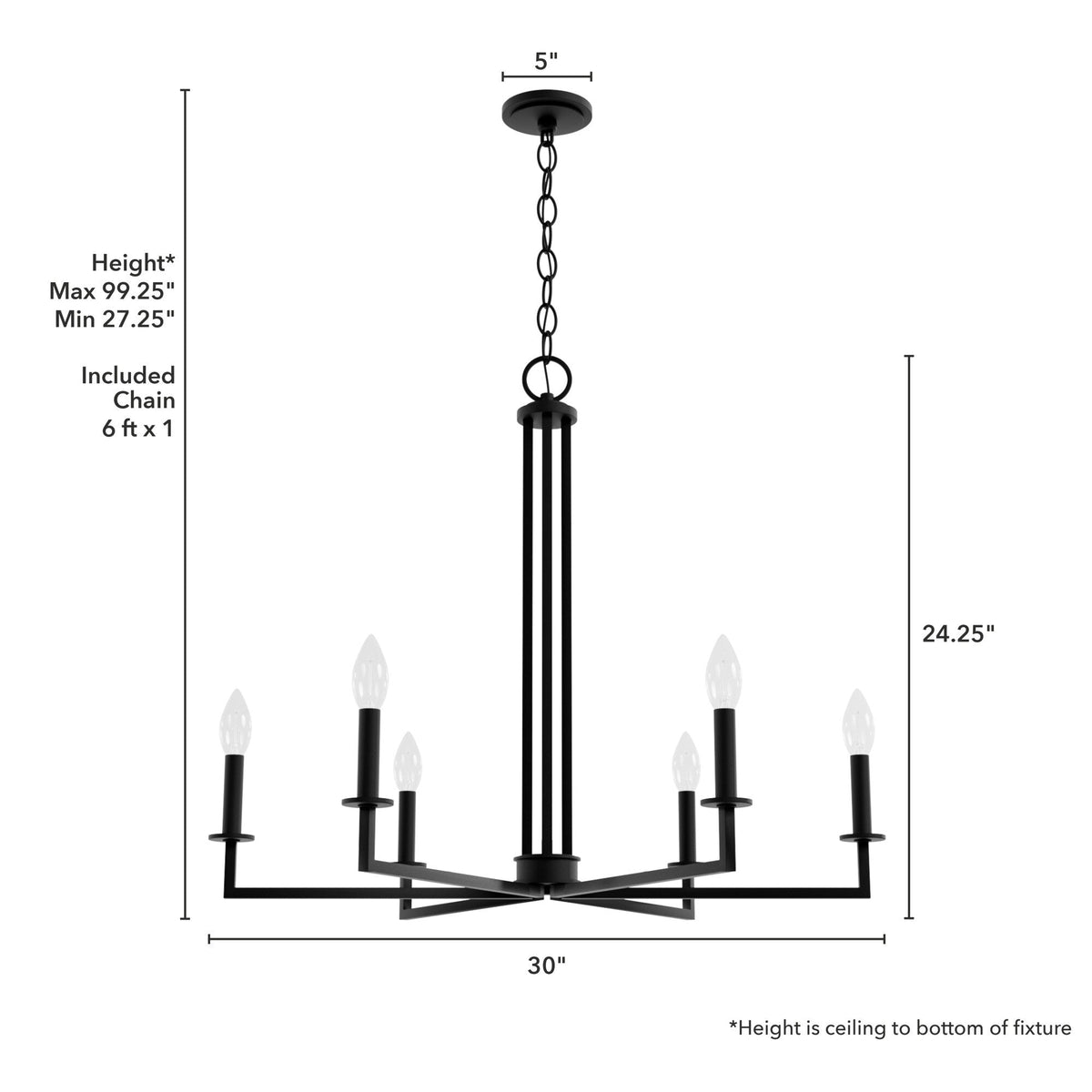 Hunter Bearden 6-Light Satin Black Transitional Led Bare Bulb Chandelier