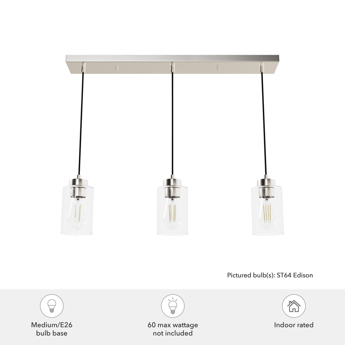 Hunter Hartland 3-Light Brushed Nickel Transitional Globe LED Large Hanging