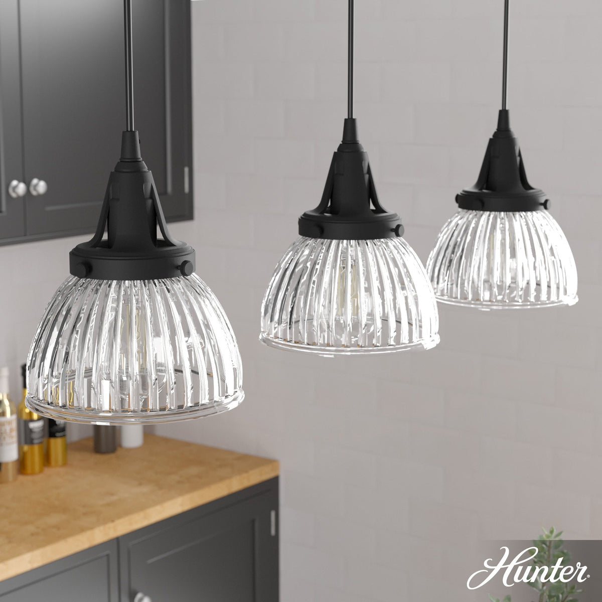 Hunter Cypress Grove 3-Light Natural Iron Transitional Clear Glass Linear LED Mini Hanging