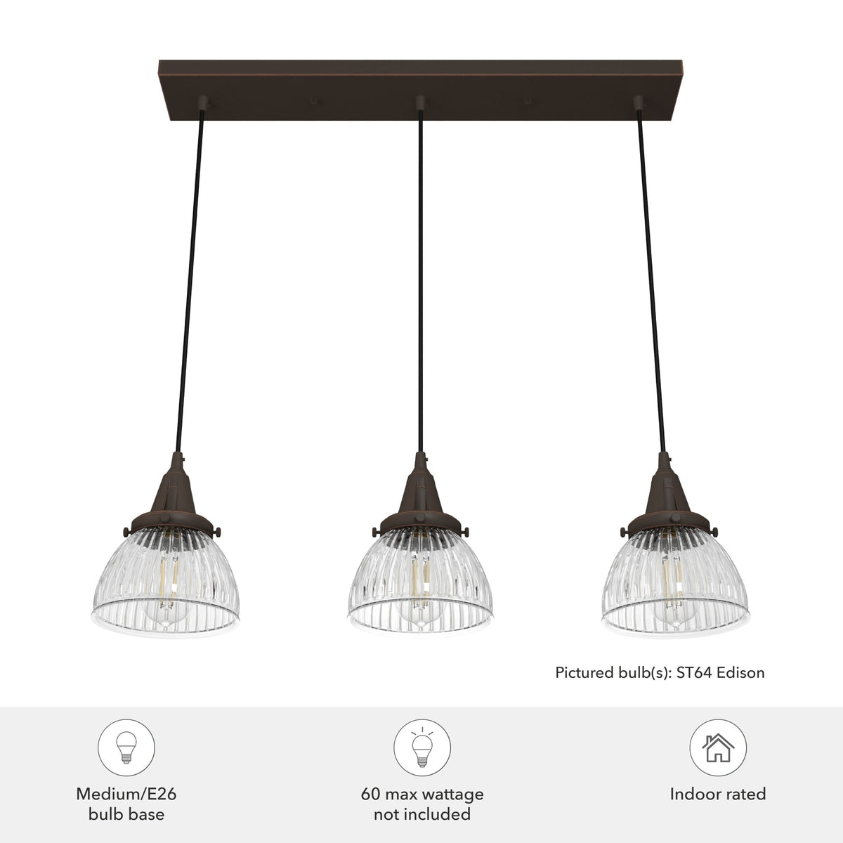 Hunter Cypress Grove 3-Light Onyx Bengal Transitional Clear Glass Linear LED Mini Hanging