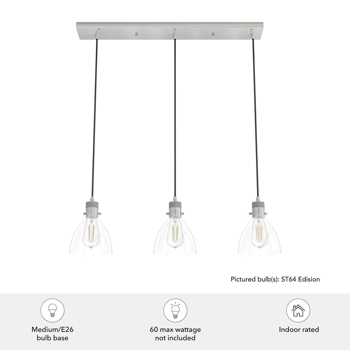 Hunter Van Nuys 3-Light Brushed Nickel Transitional Clear Glass Linear LED Large Hanging