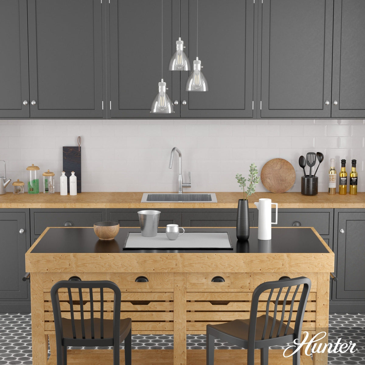 Hunter Van Nuys 3-Light Brushed Nickel Transitional Clear Glass Tiered LED Mini Hanging
