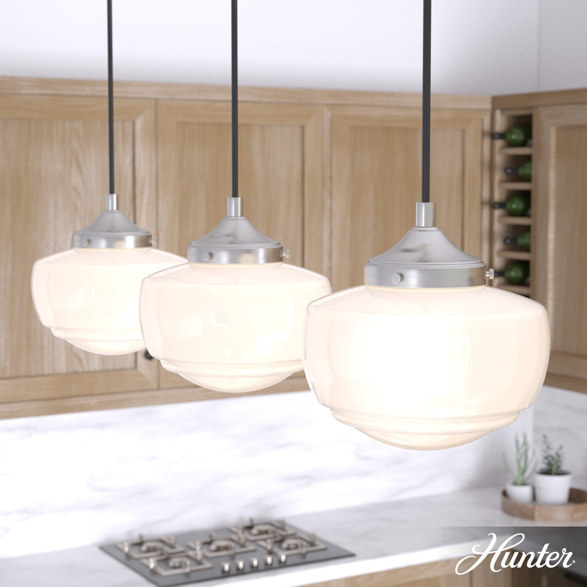 Hunter Saddle Creek 3-Light Brushed Nickel Transitional Opal Glass Linear LED Large Hanging