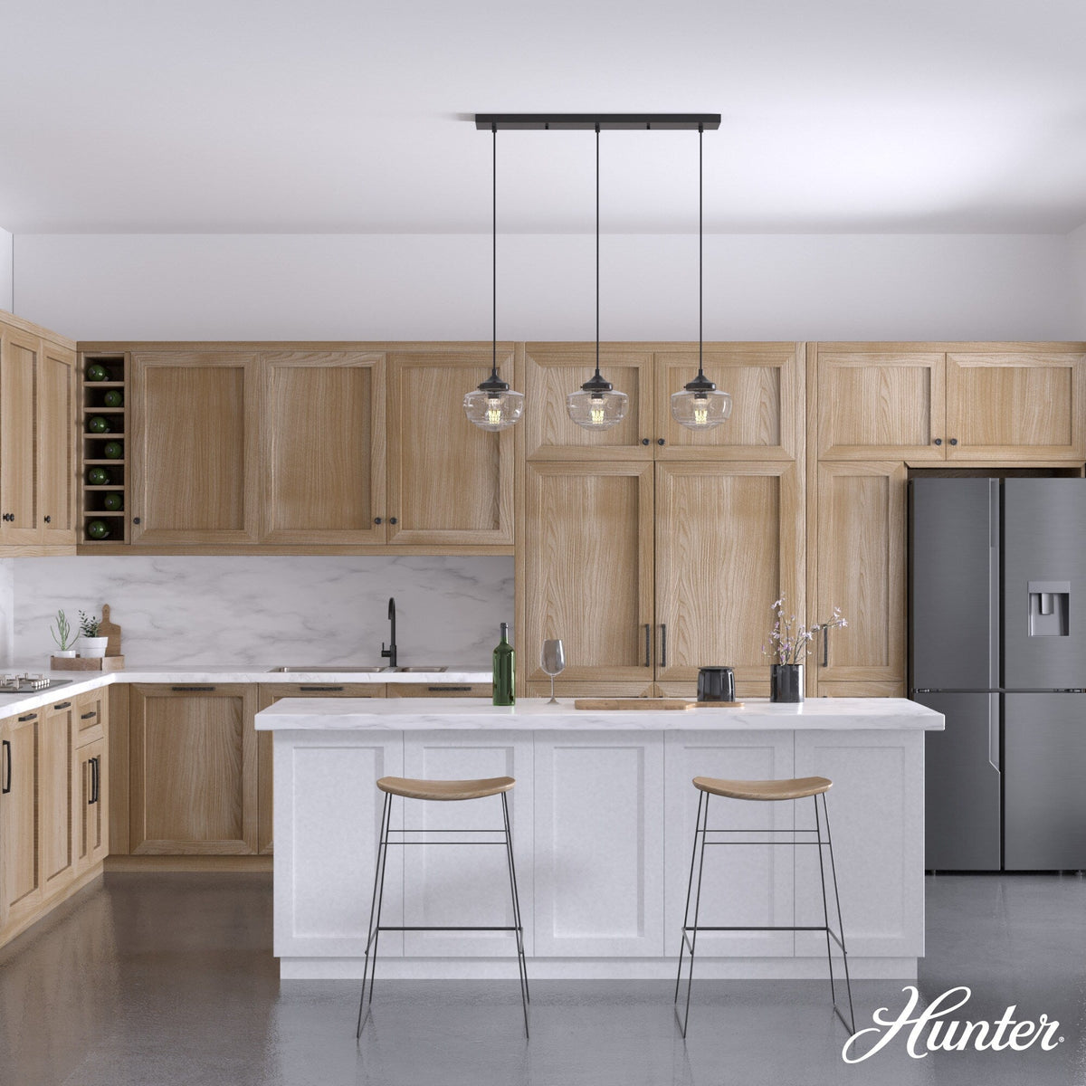 Hunter Saddle Creek 3-Light Noble Bronze Transitional Seeded Glass Linear LED Large Hanging