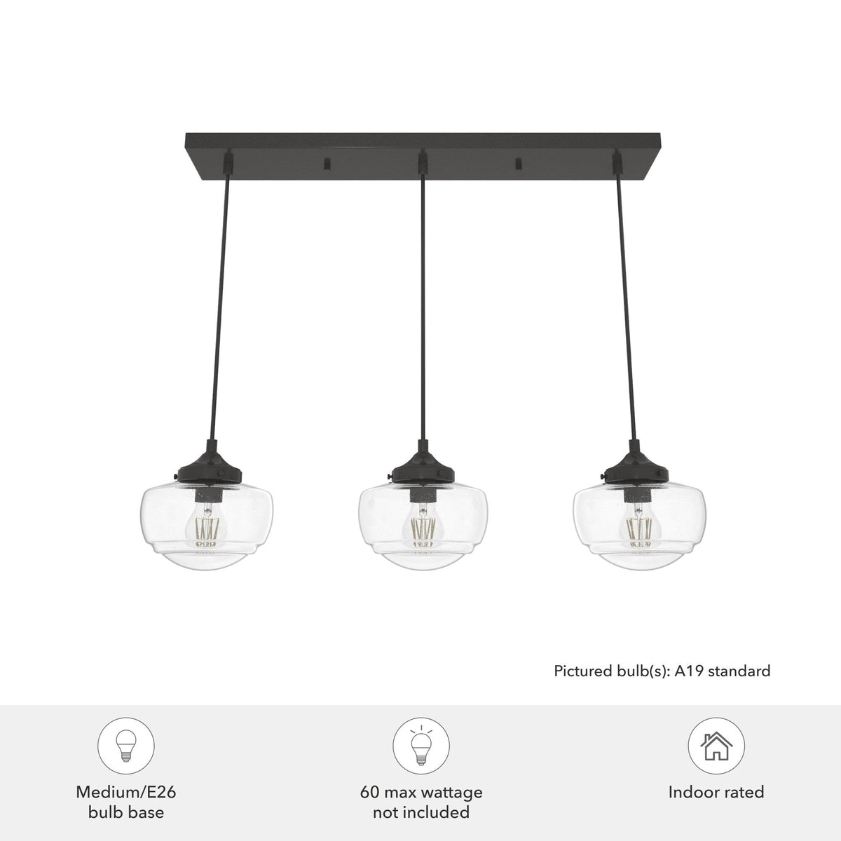 Hunter Saddle Creek 3-Light Noble Bronze Transitional Seeded Glass Linear LED Large Hanging