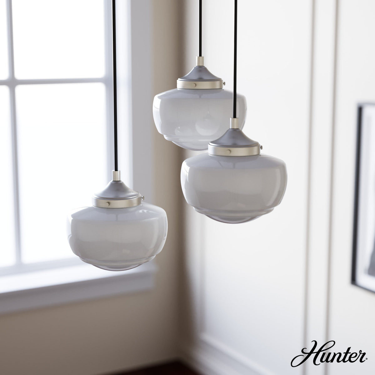 Hunter Saddle Creek 3-Light Brushed Nickel Transitional Opal Glass LED Small Hanging