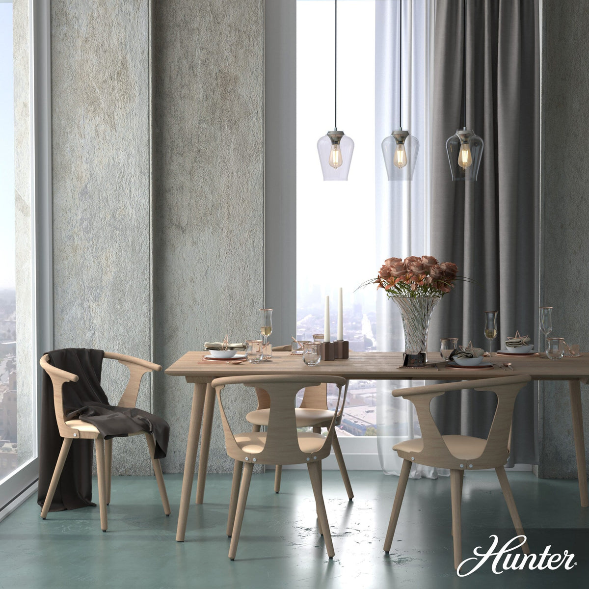Hunter Vidria 3-Light Brushed Nickel Modern/Contemporary Clear Glass Linear LED Large Hanging
