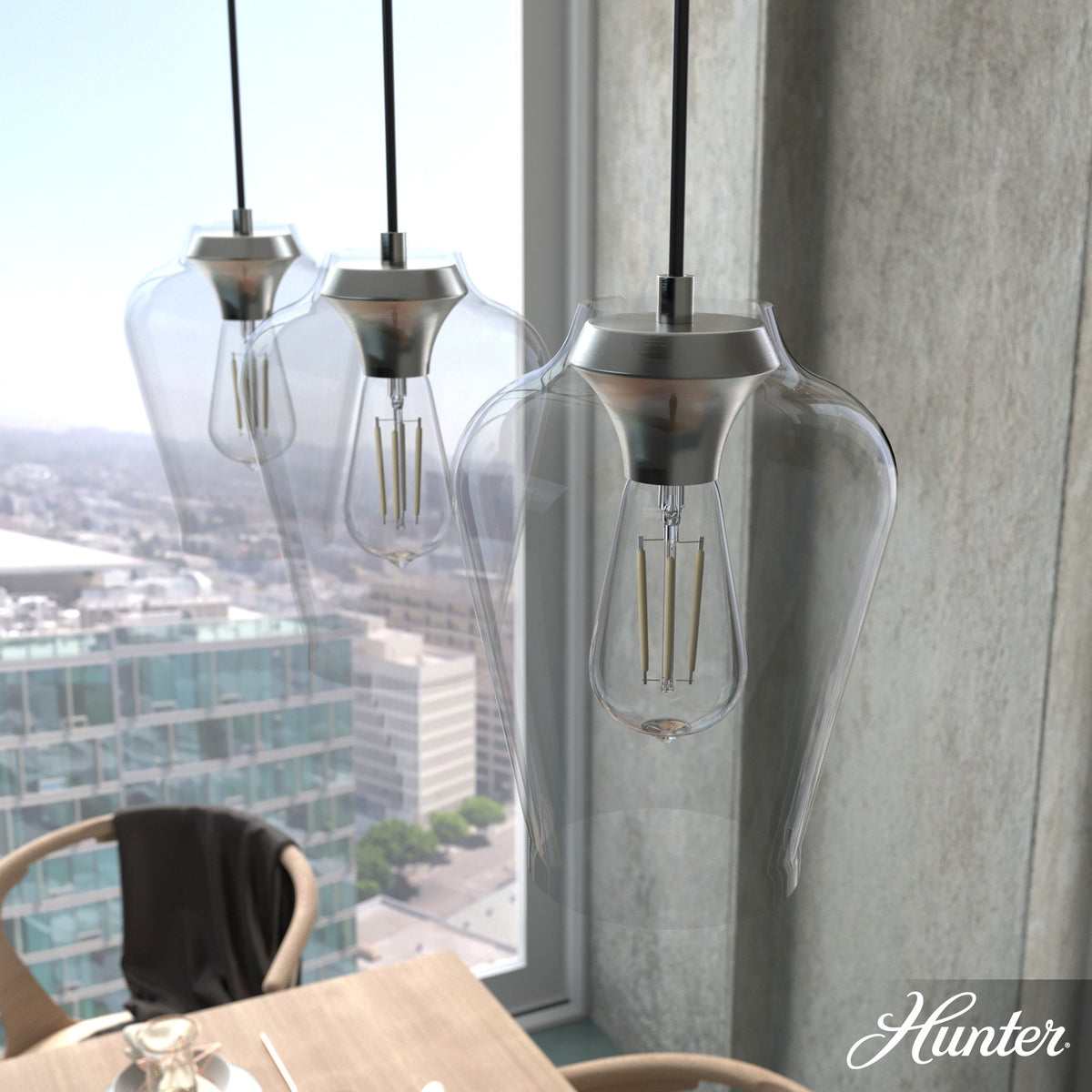 Hunter Vidria 3-Light Brushed Nickel Modern/Contemporary Clear Glass Linear LED Large Hanging