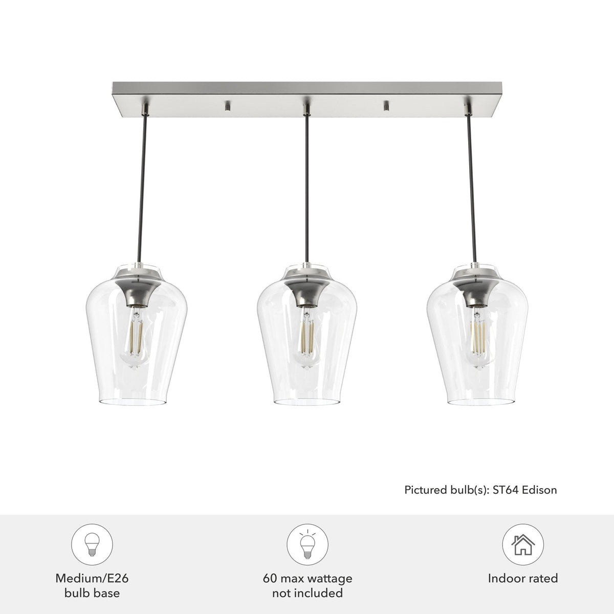 Hunter Vidria 3-Light Brushed Nickel Modern/Contemporary Clear Glass Linear LED Large Hanging