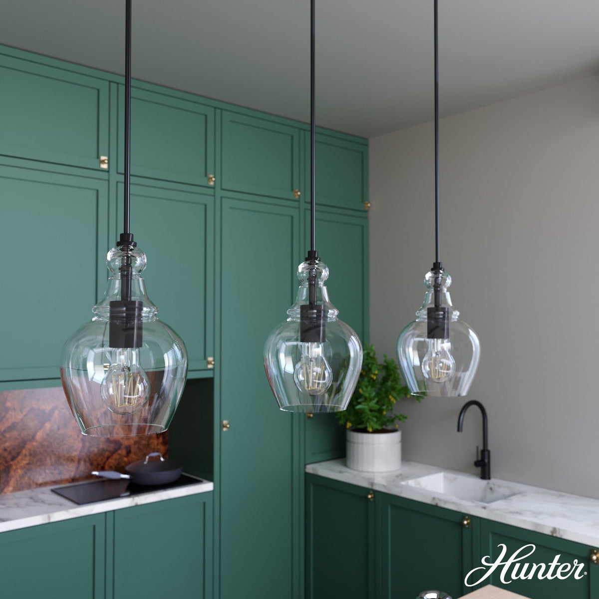 Hunter Maple Park 3-Light Noble Bronze Transitional Clear Glass Linear LED Large Hanging