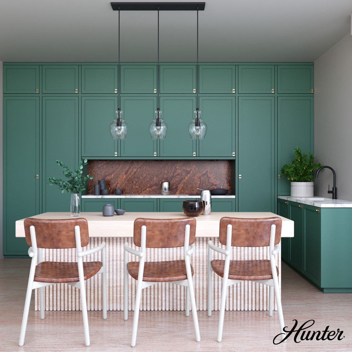 Hunter Maple Park 3-Light Noble Bronze Transitional Clear Glass Linear LED Large Hanging