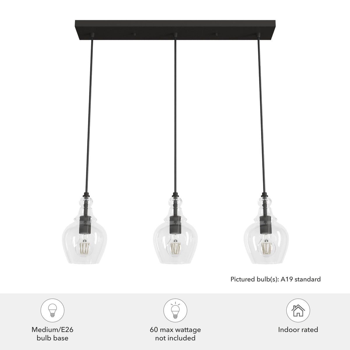 Hunter Maple Park 3-Light Noble Bronze Transitional Clear Glass Linear LED Large Hanging