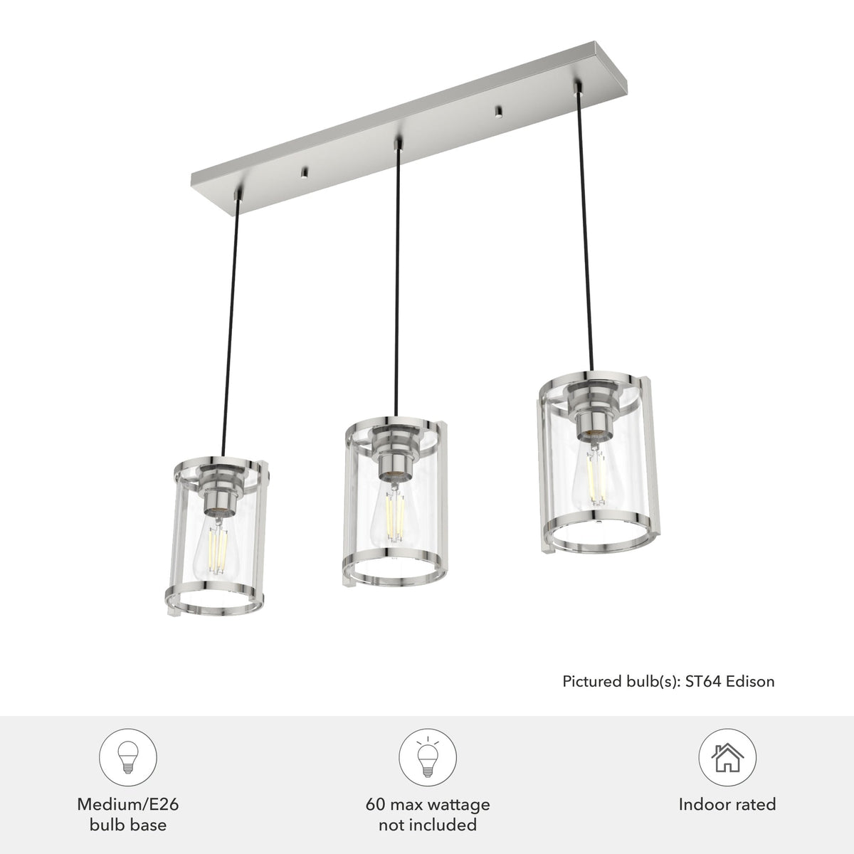 Hunter Astwood 3-Light Polished Nickel Modern/Contemporary Clear Glass Linear LED Large Hanging Chandelier