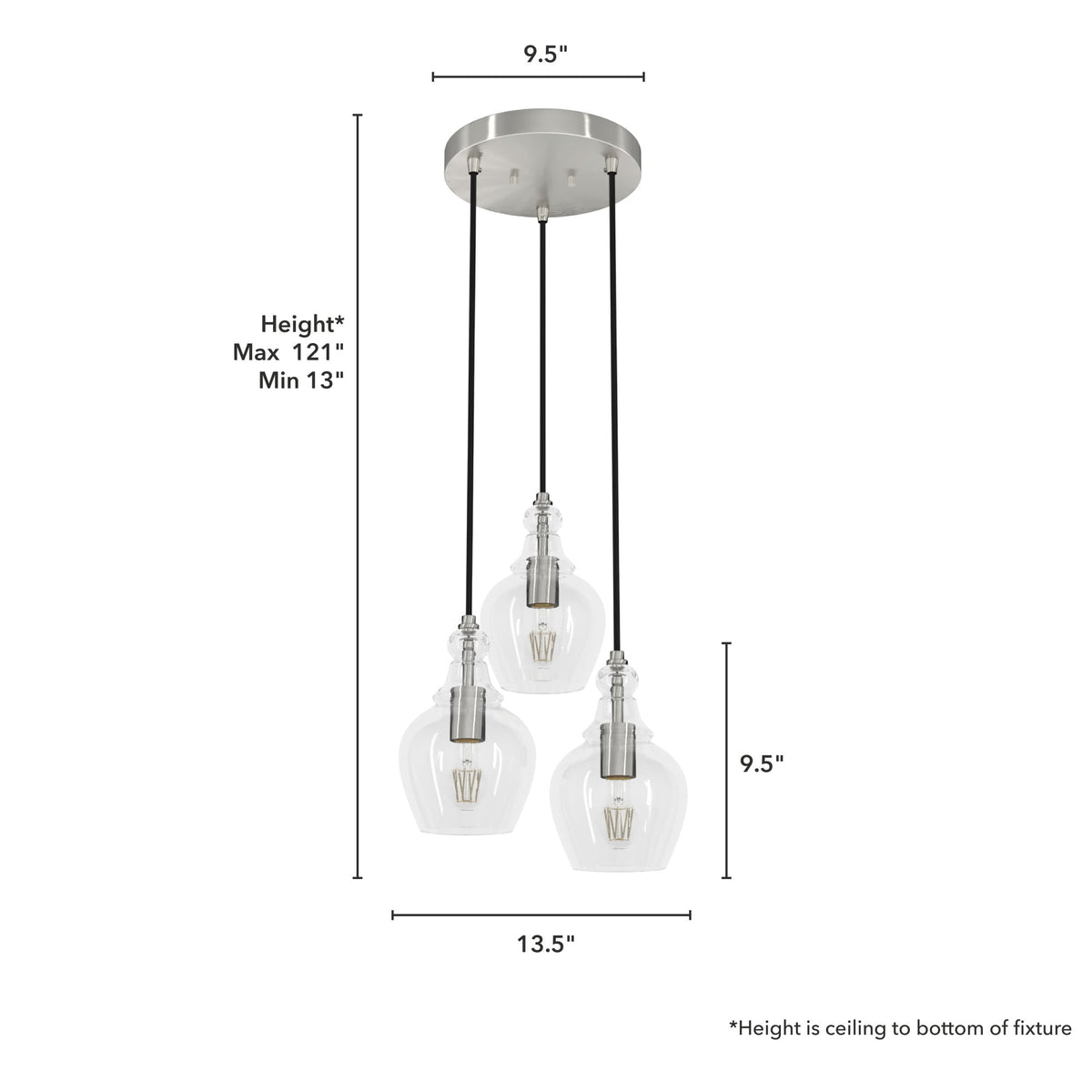 Hunter Maple Park 3-Light Brushed Nickel Transitional Clear Glass LED Small Hanging