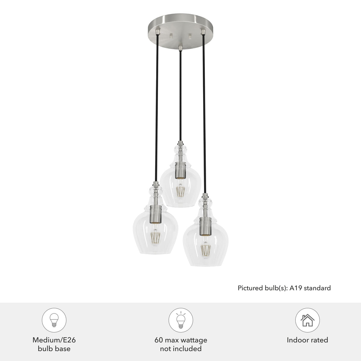 Hunter Maple Park 3-Light Brushed Nickel Transitional Clear Glass LED Small Hanging