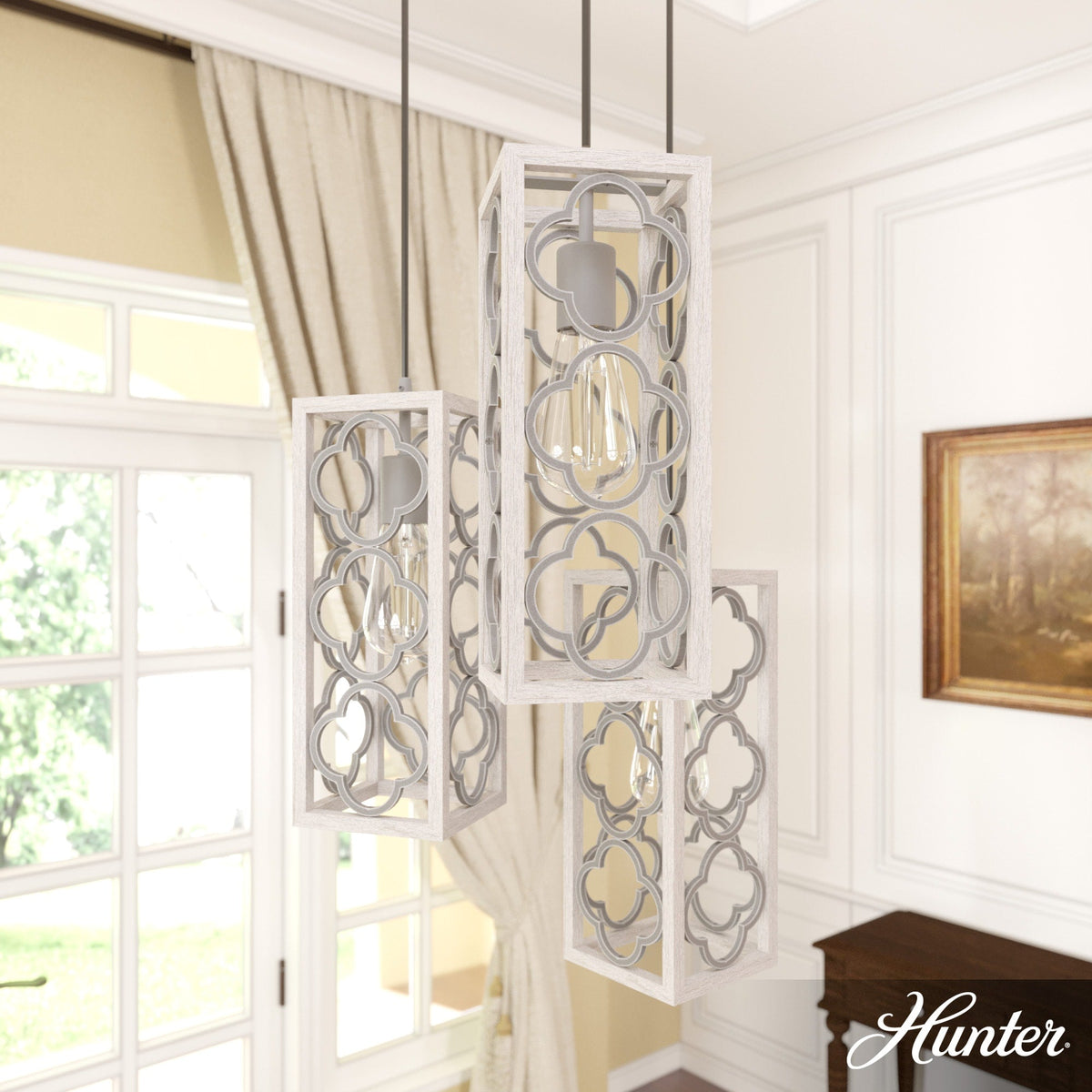 Hunter Gablecrest 3-Light Distressed White Transitional Tiered LED Small Hanging