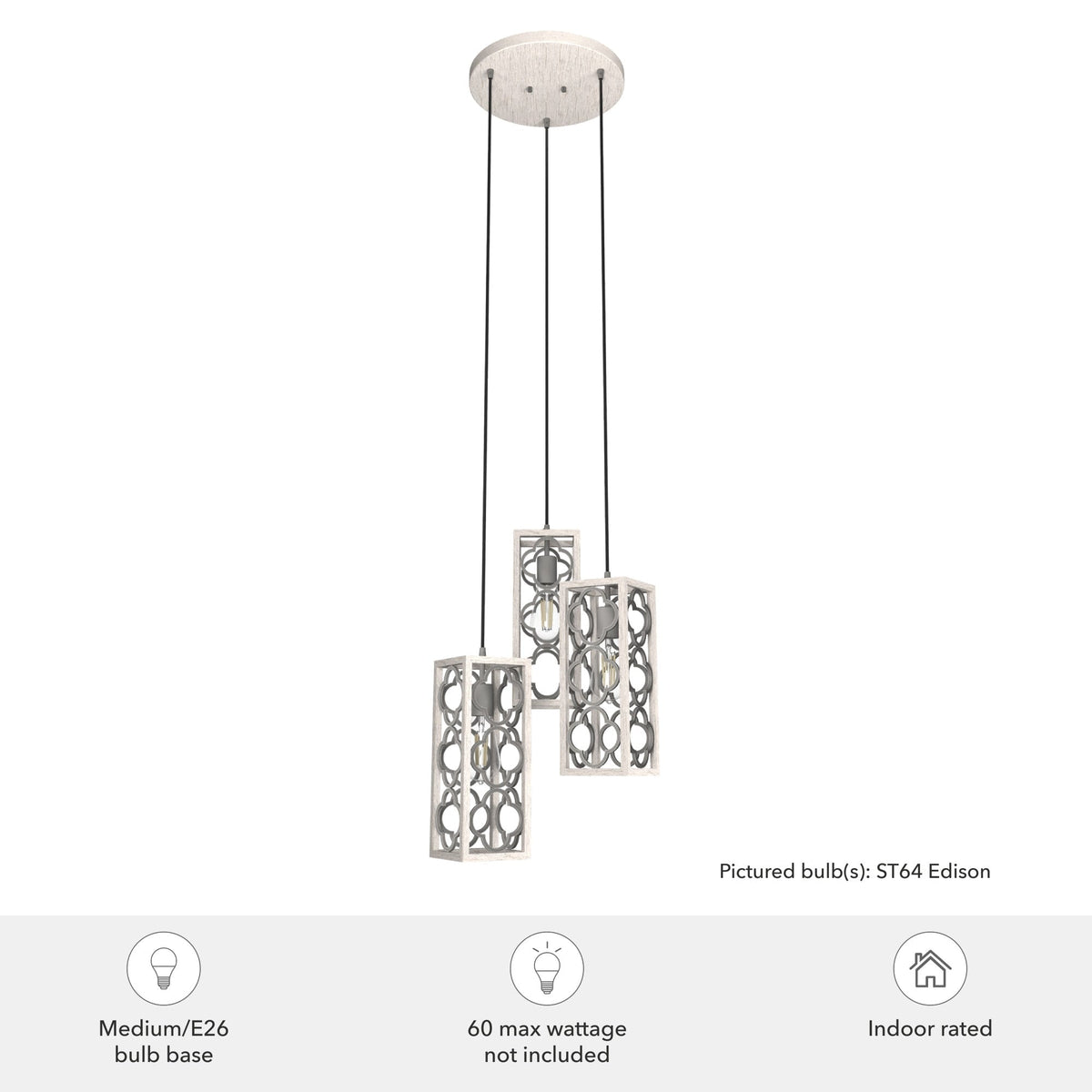 Hunter Gablecrest 3-Light Distressed White Transitional Tiered LED Small Hanging